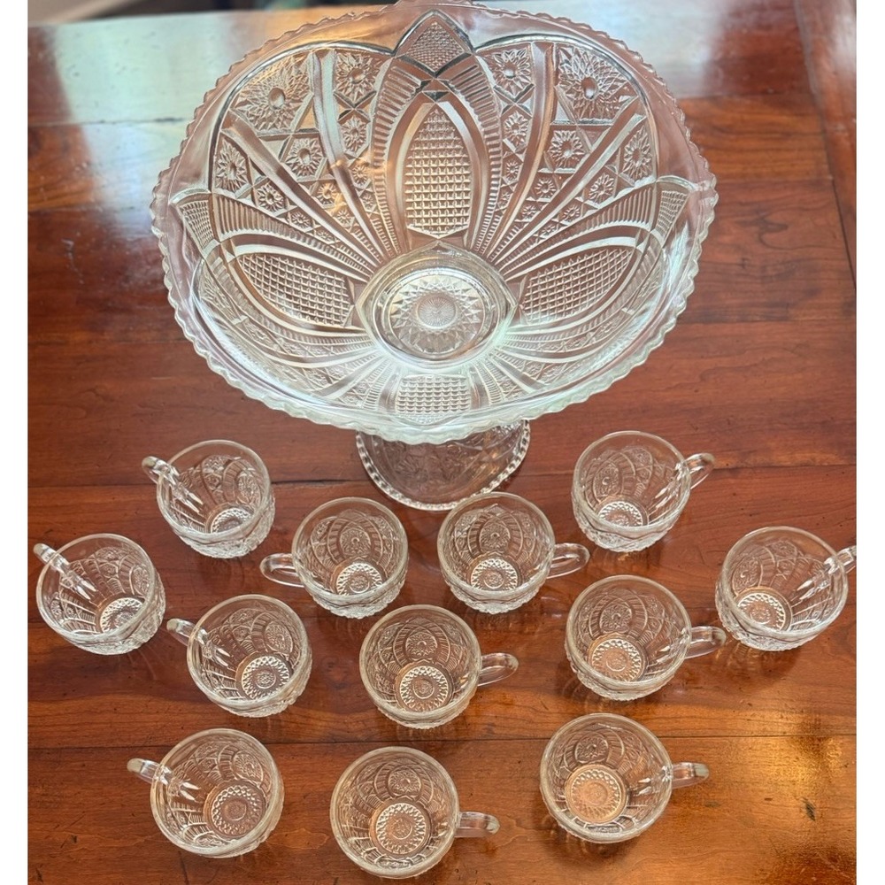 Vintage McKee Glass "The Concord" Clear Pressed Glass Punch Bowl Set
